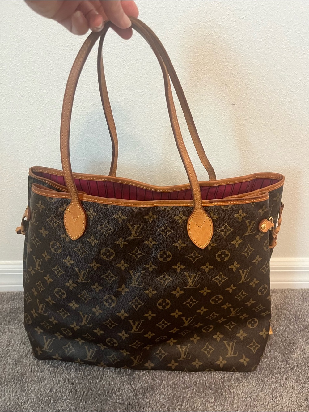 Authentic Louis Vuitton Monogram Canvas Brown Tote Bag - Pink Lining